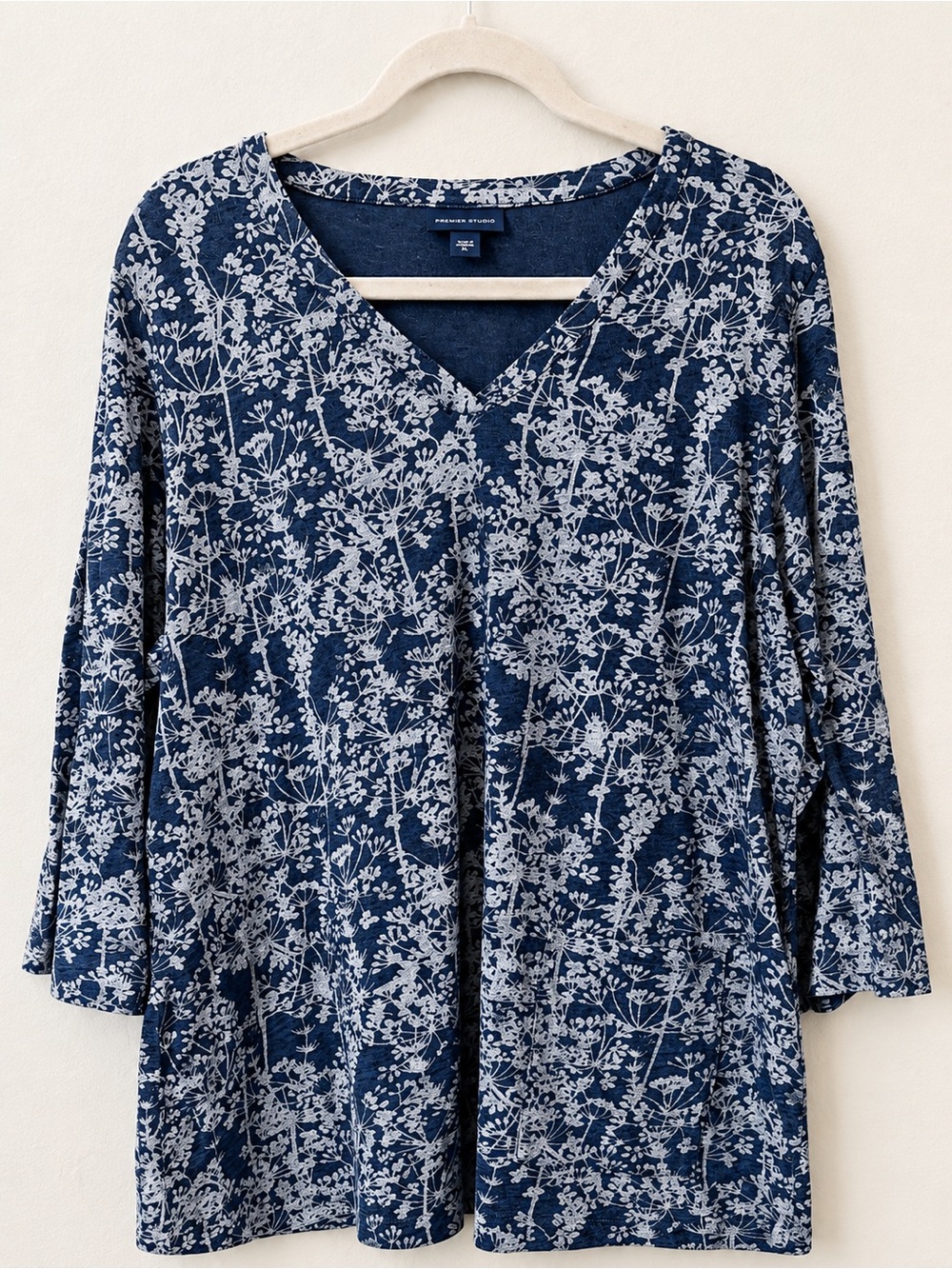 J.Jill Pure Jill Indigo Blue Floral Print V-Neck 3/4 Sleeve Cotton Tunic Top XL
